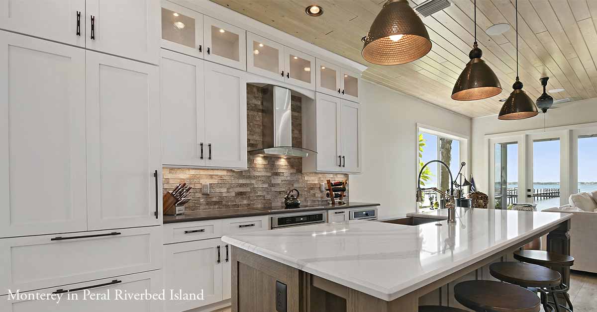 Monterey Kitchen with Peral Opaque and Island Base Cabinets in Riverbed Stain